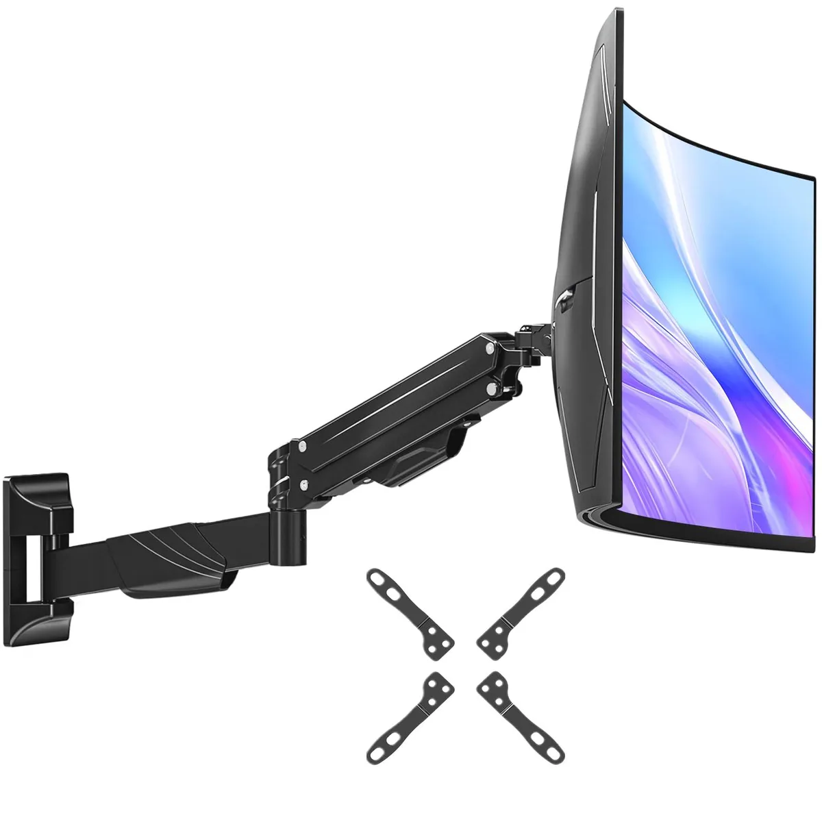 Black steel single monitor wall arm with gas spring, VESA plate and cable clips