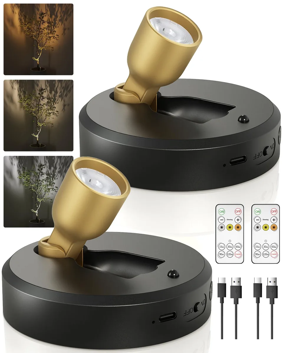 Two rectangular black-gold LED spotlights with adjustable heads, USB-C charging, and remote controls