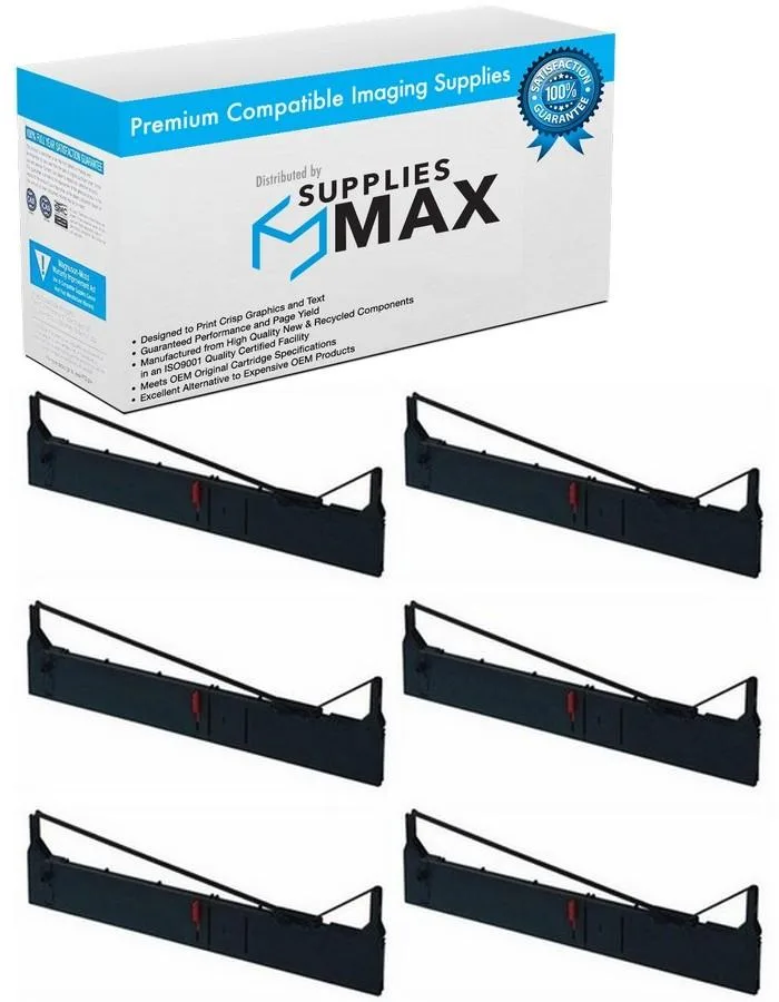 Six black dot-matrix printer ribbons in a sealed pack