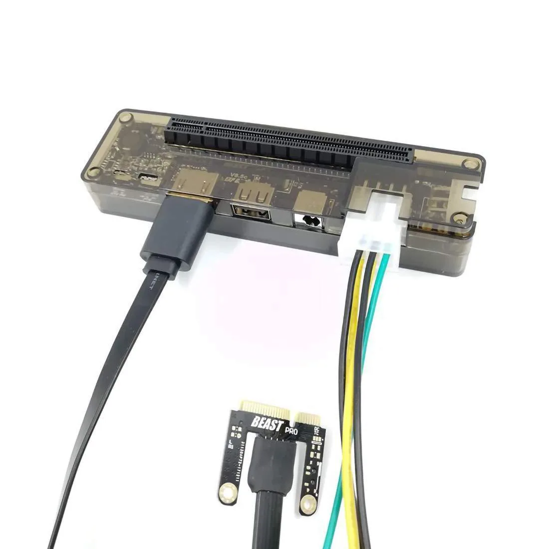 Small rectangular circuit board with Mini PCI-E connector and 26-pin cable, black PCB, green components