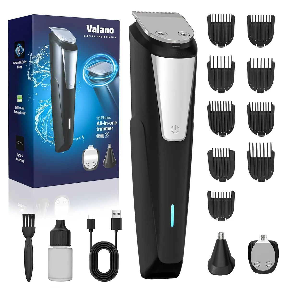Black cordless grooming kit with five interchangeable heads and nine comb attachments