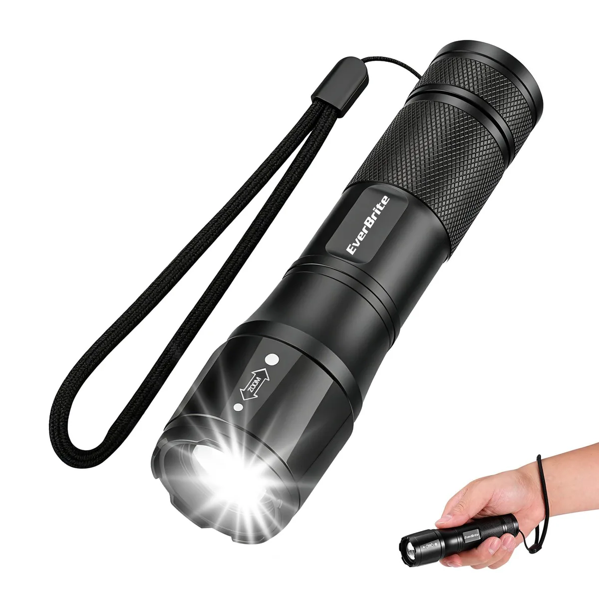 Small silver aluminium flashlight with zoom head and wrist lanyard