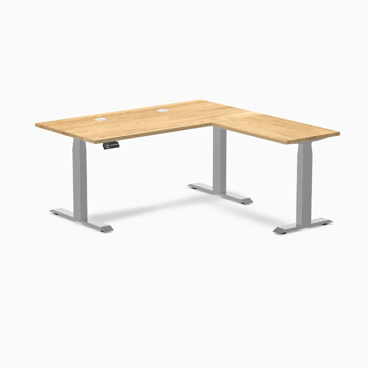 Desky Desky Hardwood L-Shape Sit Stand Desk White Oak Grey 60 x 30 x 62 x 20 in with Grommets — product photo