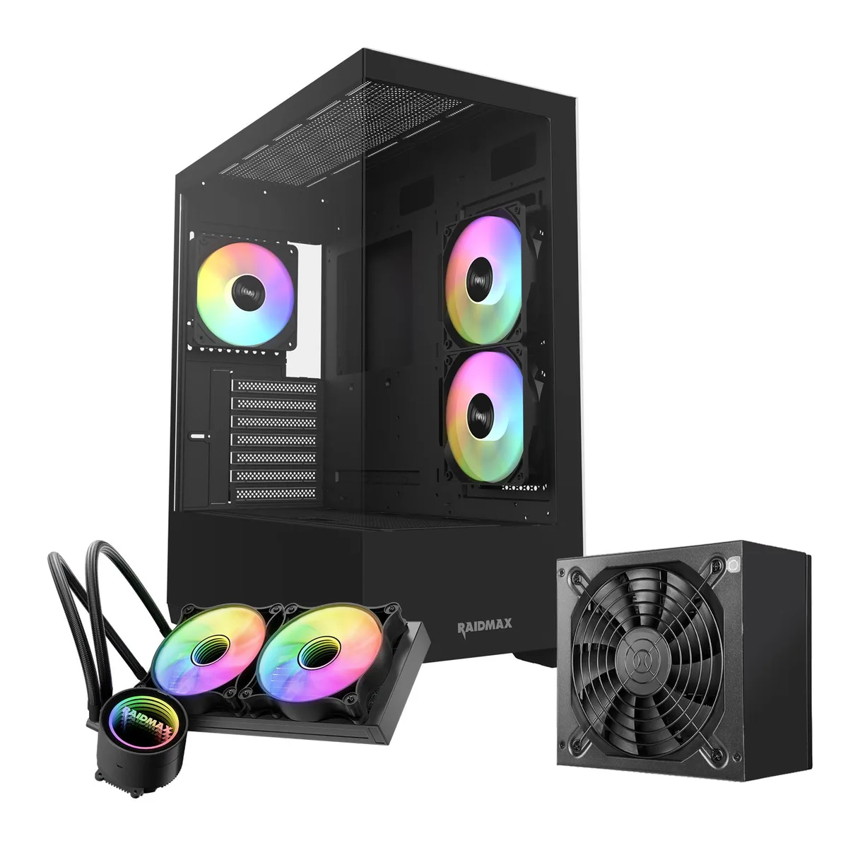 Black mid-tower case with panoramic tempered glass panel and three ARGB fans