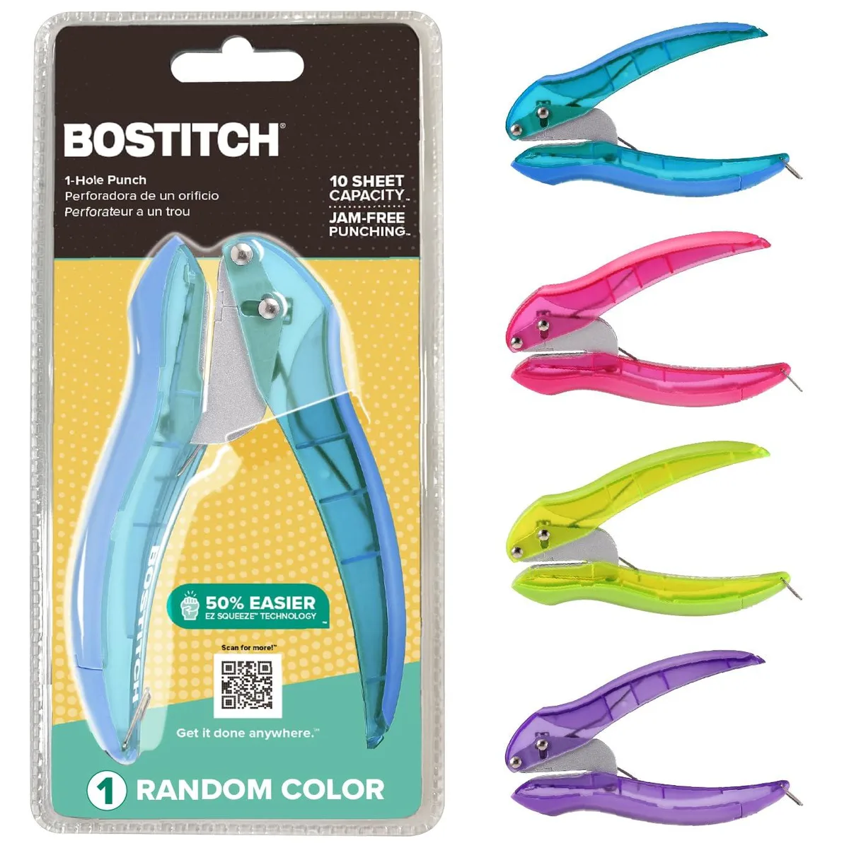 Compact one-hole punch with curved soft-grip handles, flip-open chip tray and handle lock