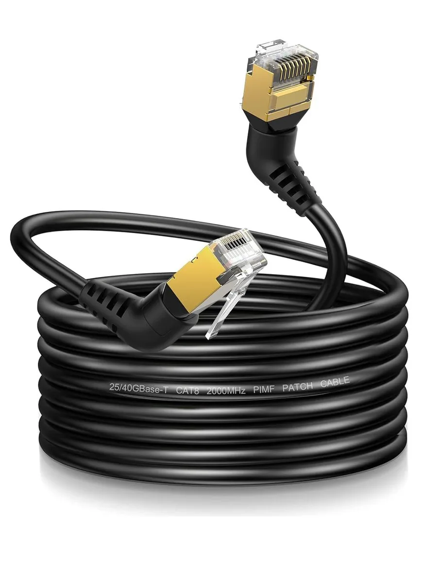 Flat blue Ethernet cable with right-angle RJ45 connectors that rotate 360 degrees, 5 metre length