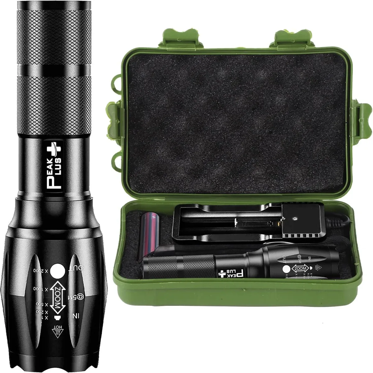 Black cylindrical tactical flashlight with textured grip, zoomable head, and included rechargeable battery, charger, and case
