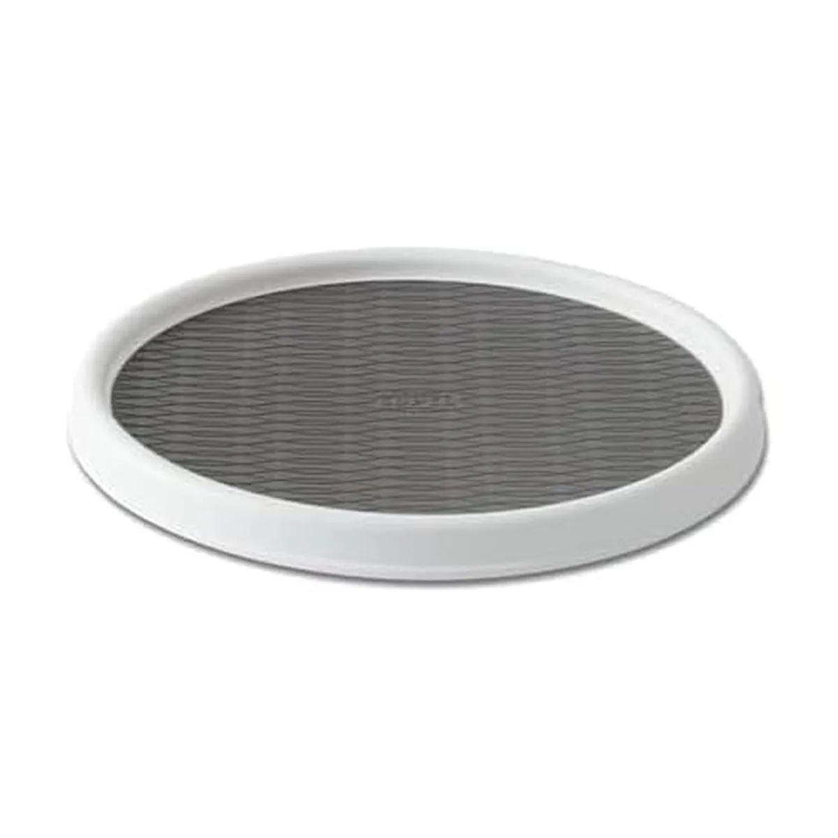 White and gray 12-inch turntable with raised rim and nonskid liner, rotating on flat base