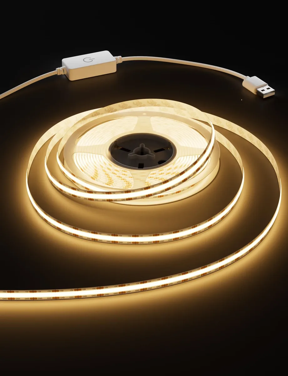 Three-metre warm-white COB LED strip on USB power with touch dimmer