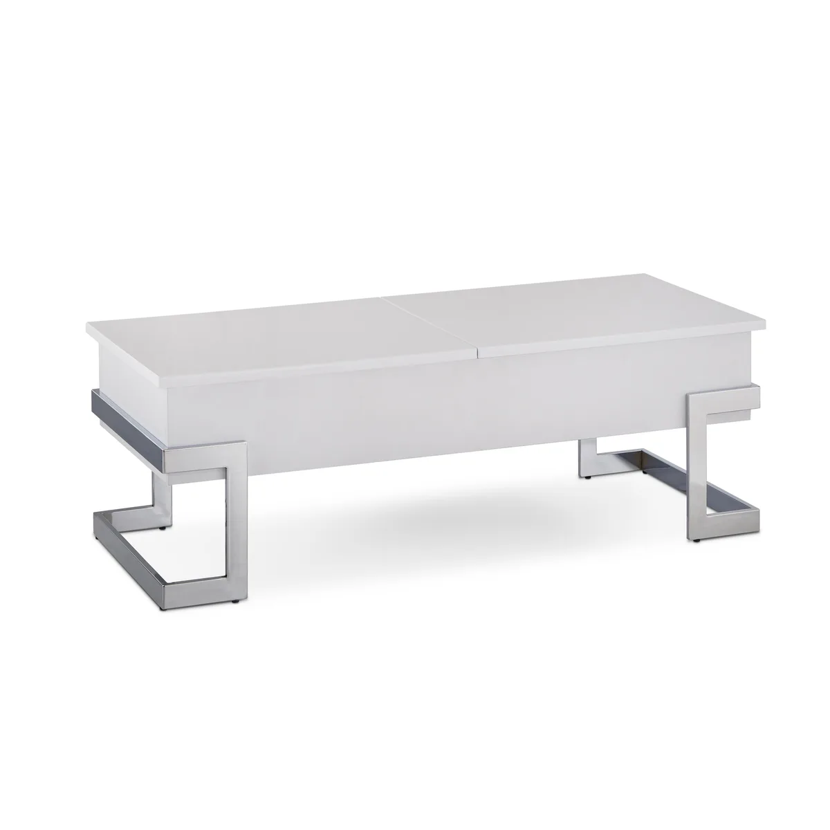 White high-gloss rectangular coffee table with chrome metal legs and half lift-top lid
