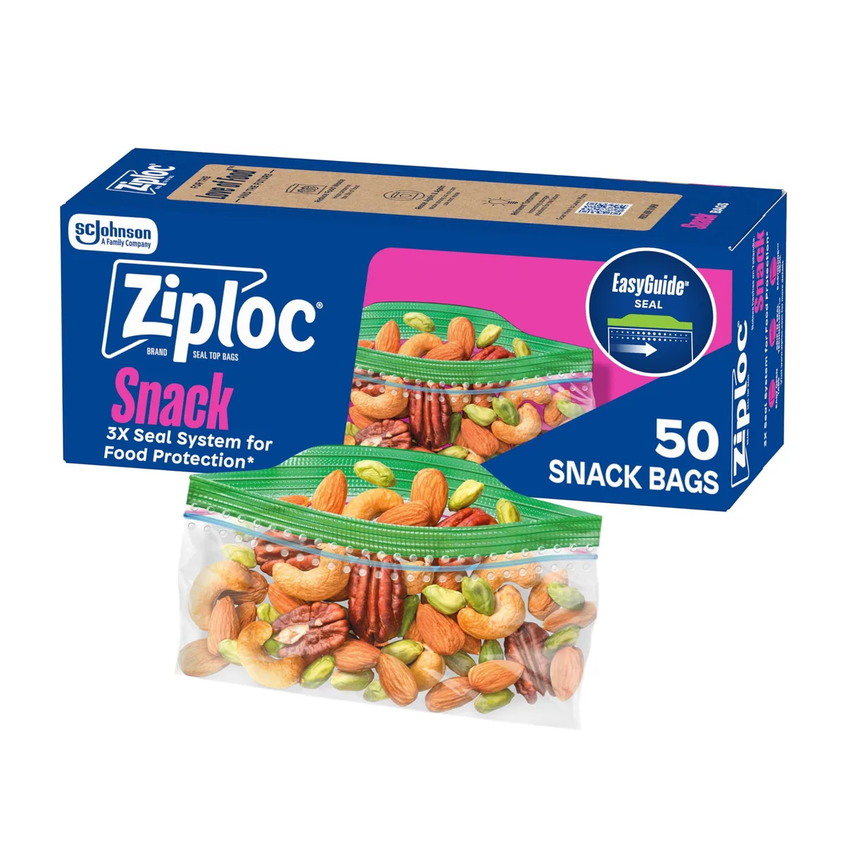 A pack of fifty beige plastic snack bags with zipper closure, shown flat and stacked