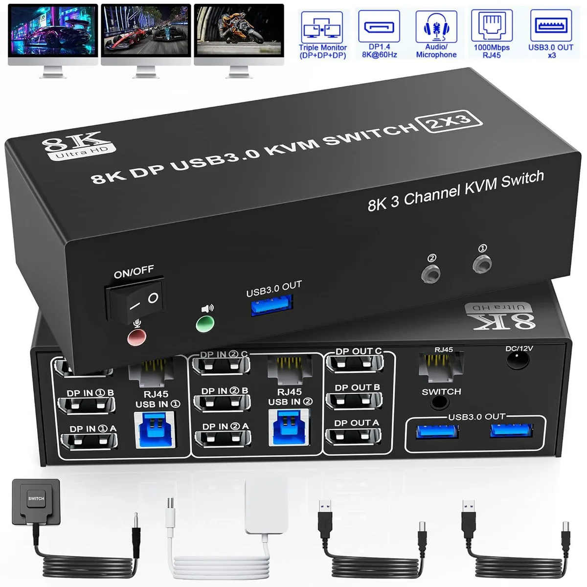 WRIARICH WRIARICH 8K@60Hz DP 1.4 KVM Switch 3 Monitors 2 Computers 4K@144Hz — product photo