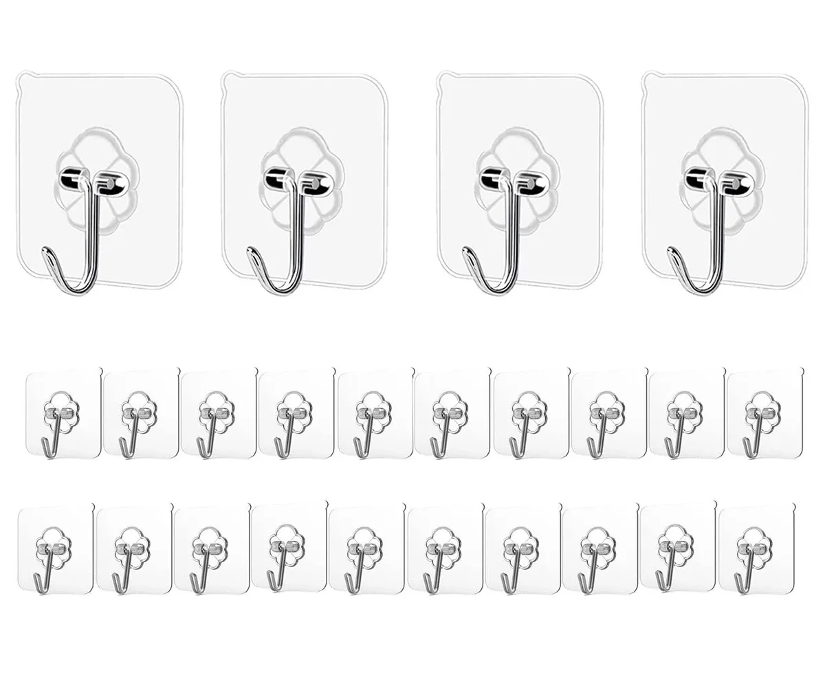 Pack of 24 transparent adhesive hooks with 304 stainless steel finish