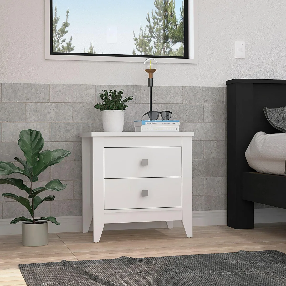White nightstand with two drawers, four legs, particle board finish