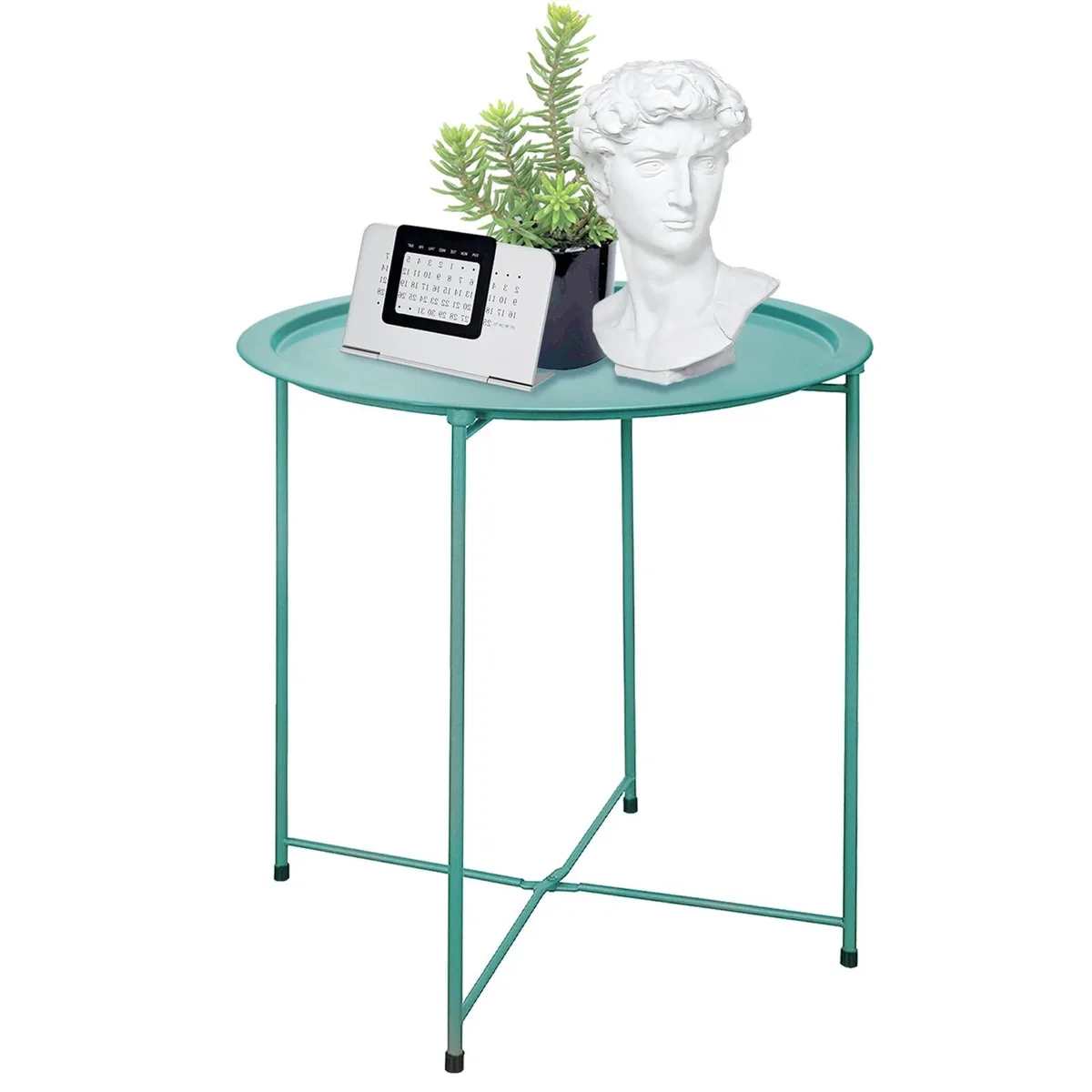 Green metal folding tray table, round top, X-frame legs, portable lightweight design