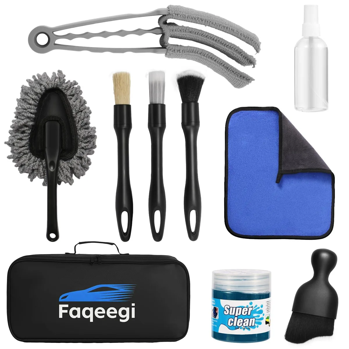 Scosche NSS009 10-piece car interior cleaning kit with brushes, gel, duster, spray bottle and cloths