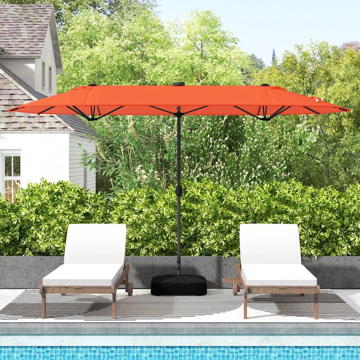 Large orange double-sided patio umbrella with solar lights and cross base, 13-foot canopy span