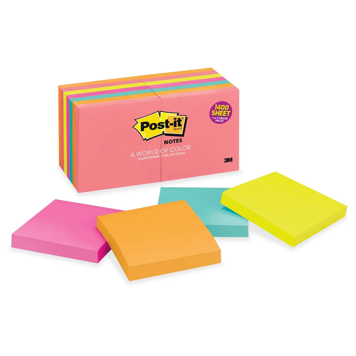 Pack of 14 Post-it sticky note pads in assorted Cape Town colours