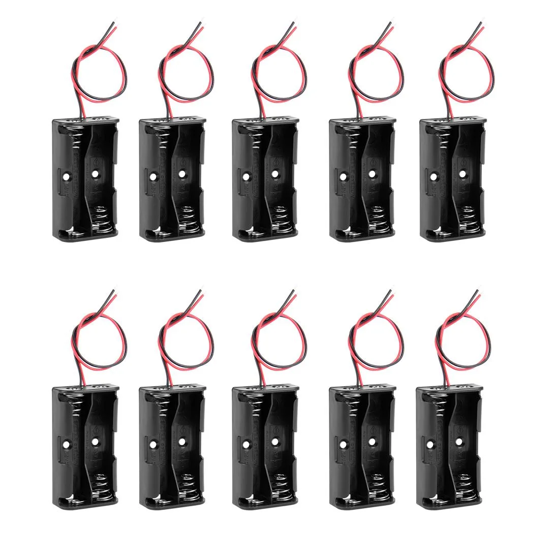 Ten black plastic AA battery holders with 5.9in wire leads