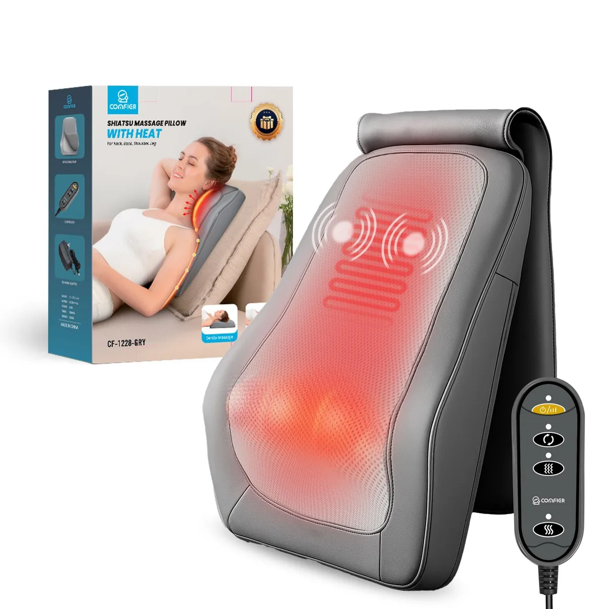 Gray cordless shiatsu massage pillow with removable flap, rechargeable battery, heat and vibration functions