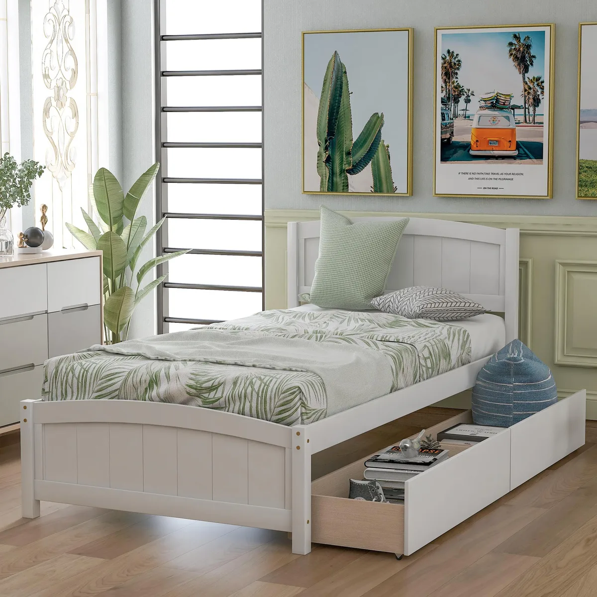 White solid-wood twin platform bed with two drawers, 79.5 x 41.7 x 37.5 inches