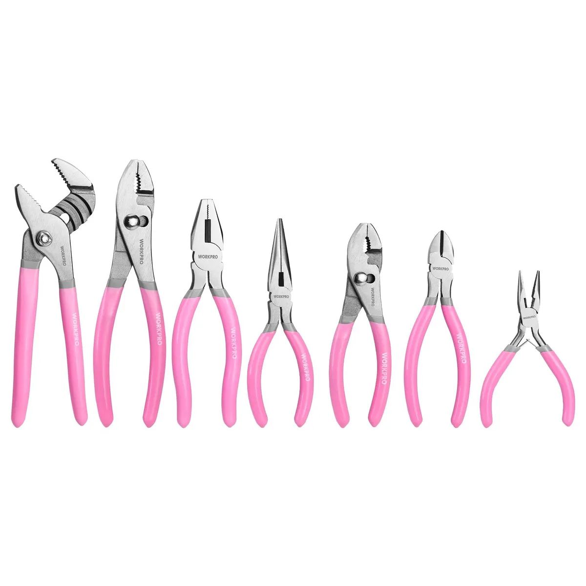 Pink seven-piece pliers set with comfort grip handles