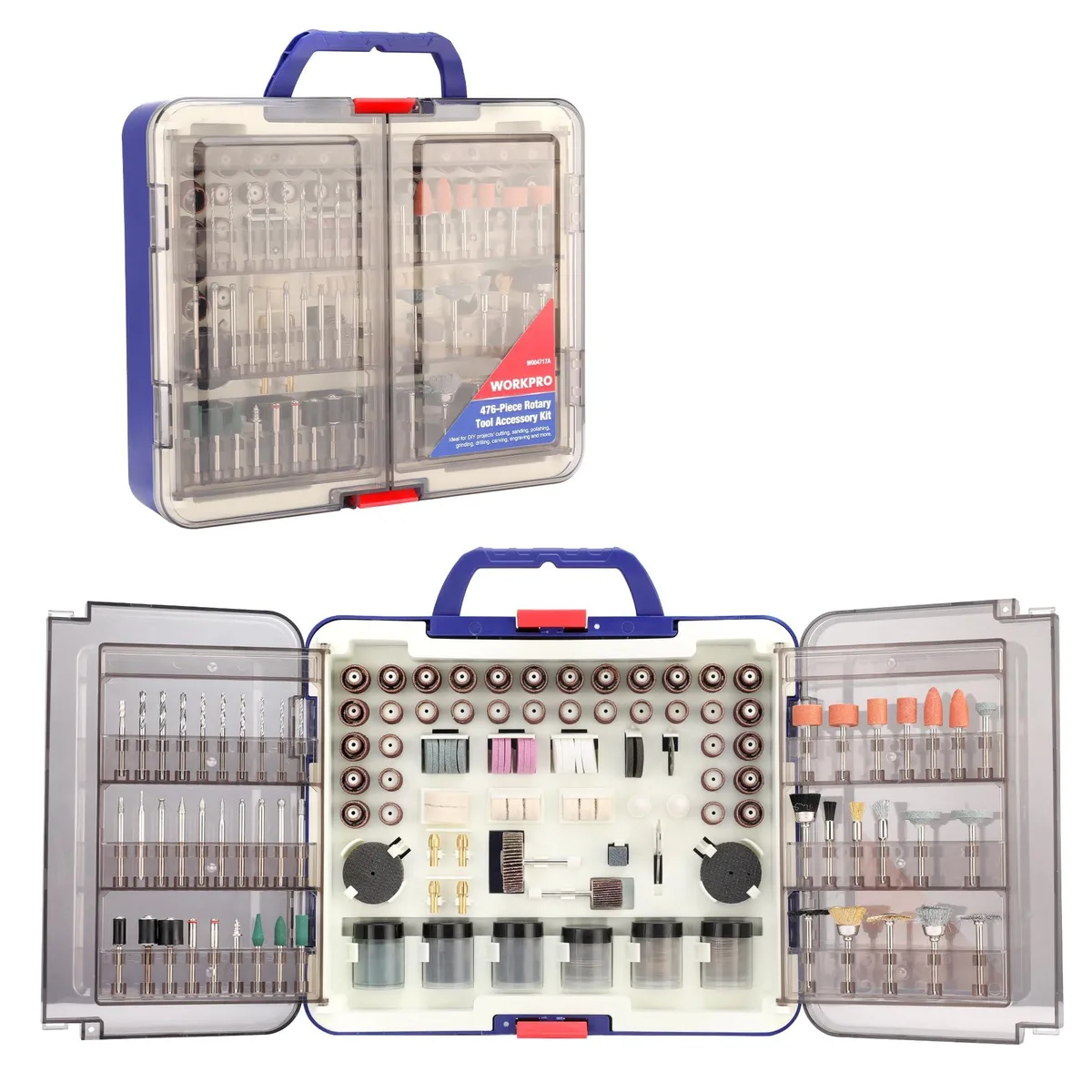 Open plastic case filled with hundreds of rotary tool bits, wheels and brushes