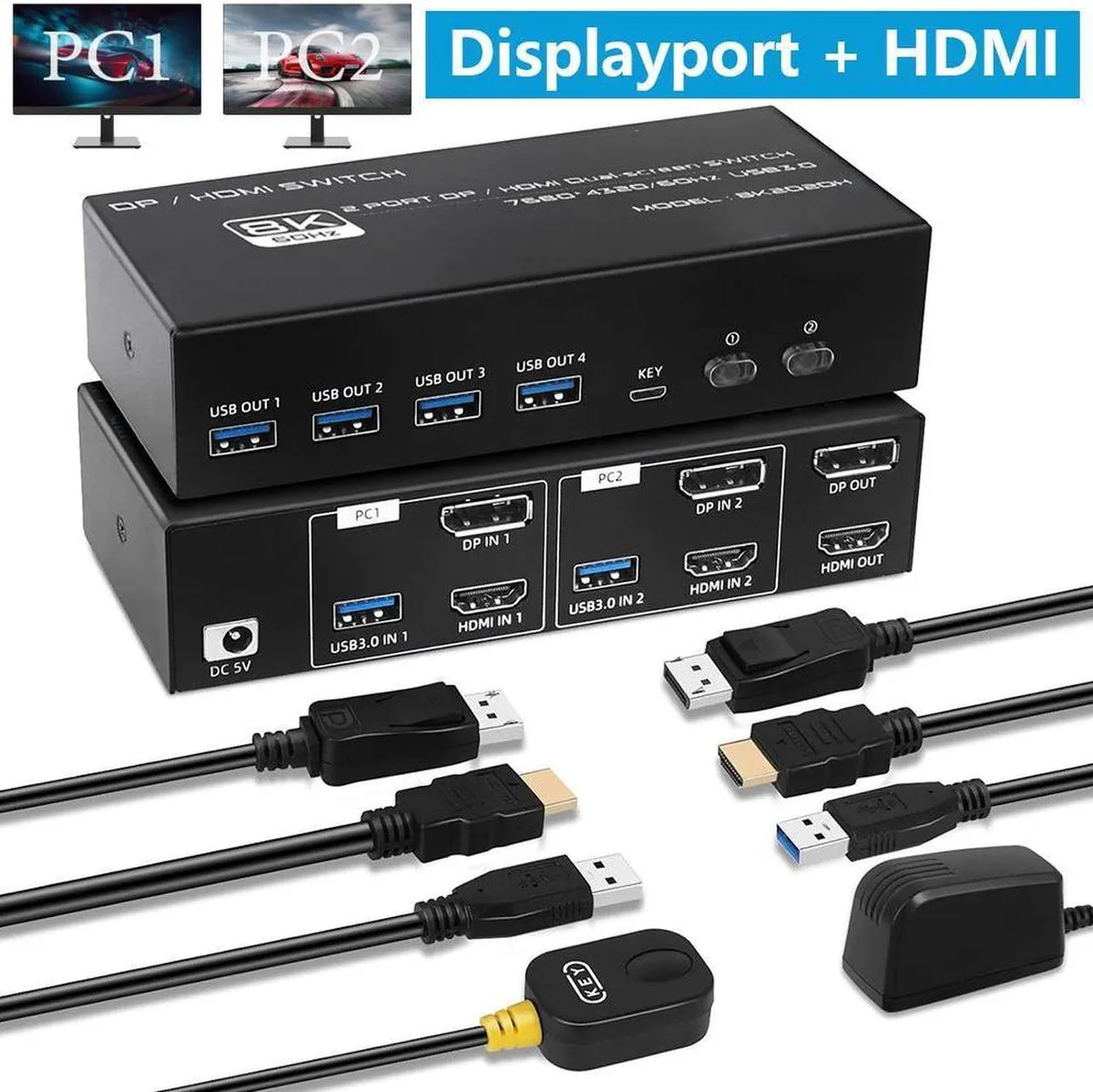 Vszerda Vszerda 2 PC 2 Monitor KVM Switch 8K 60Hz 4K 120Hz DP 1.4 HDMI 2.1 USB 3.0 — product photo