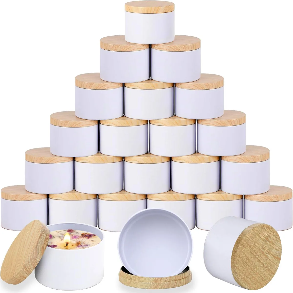  ABK 4oz White Candle Tins 24pcs with Wood Grain Lids — product photo