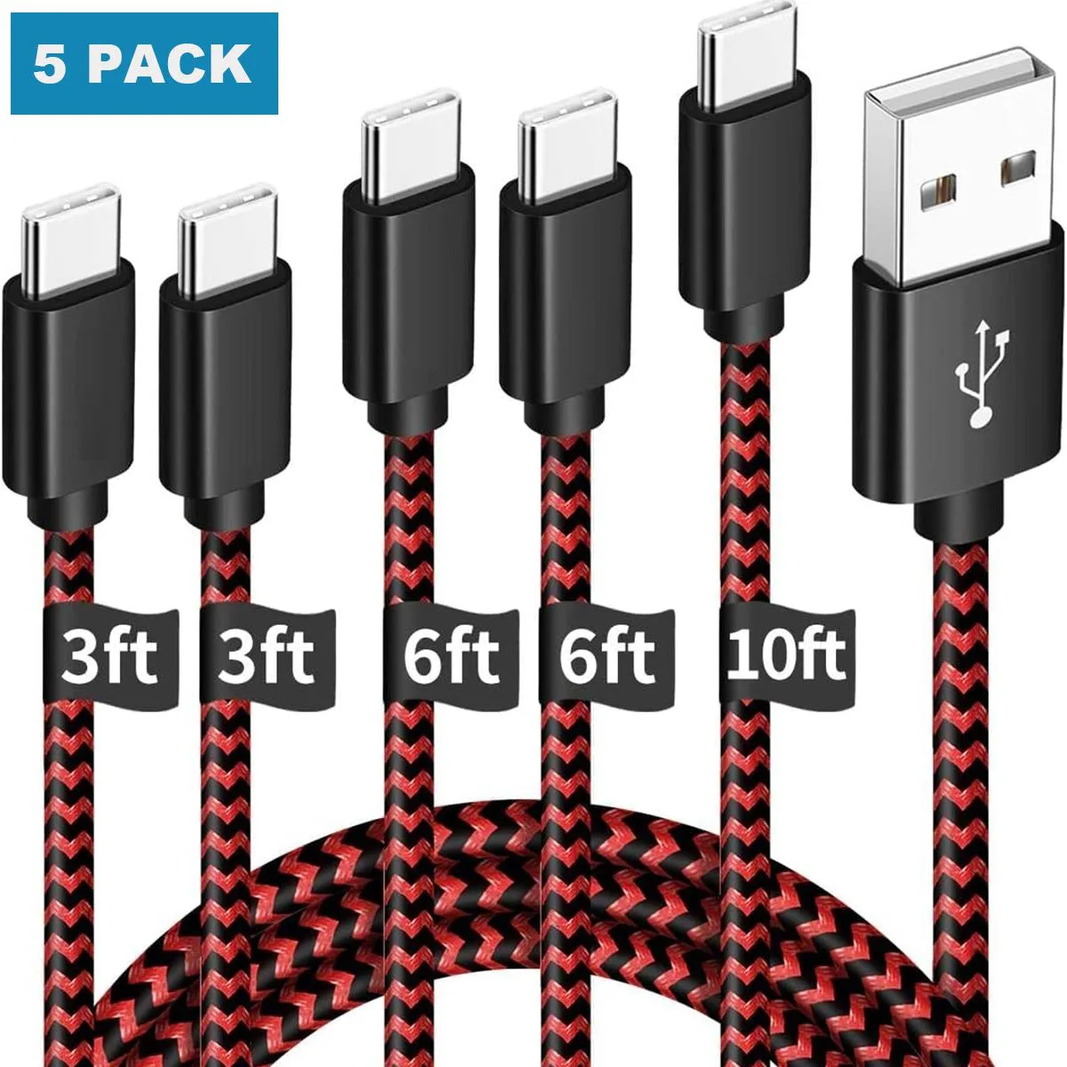 SMA SMA USB A to USB C cable 5-pack nylon braided 3/3/6/6/10 ft red — product photo