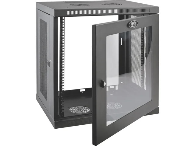 Black 12U wall-mount server rack with clear acrylic front door and steel frame