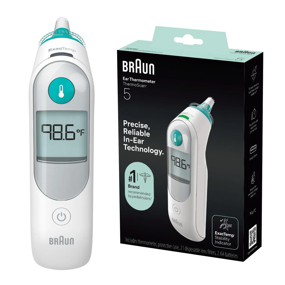 White Braun ThermoScan 5 ear thermometer with 21 hygiene caps
