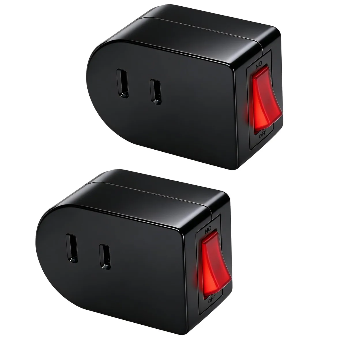 Two black 2-prong plug-in switches with red indicator lights, side by side