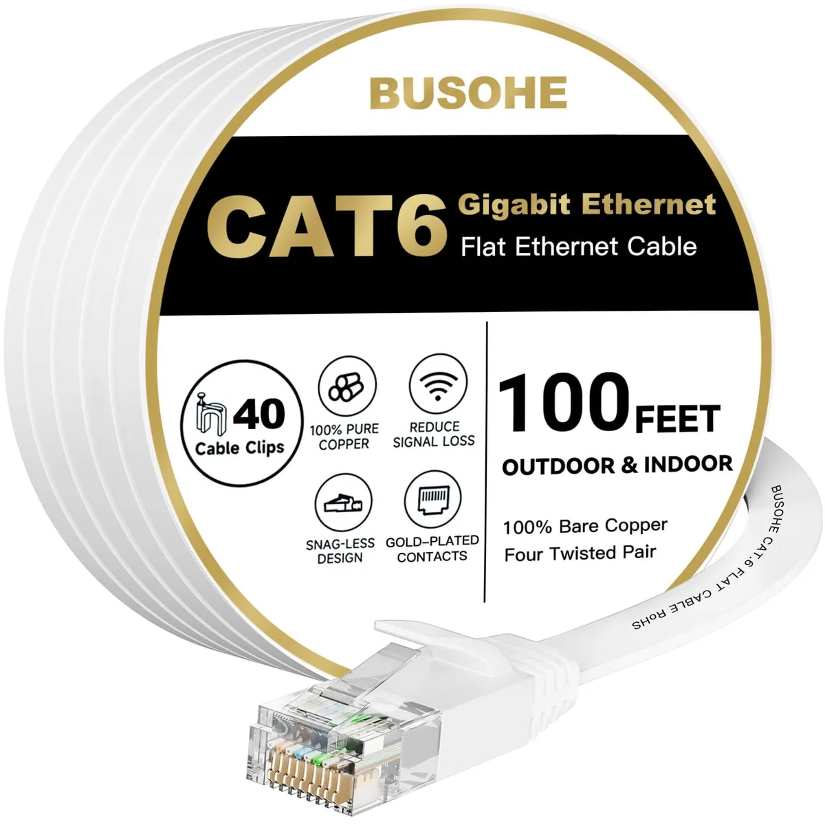 White flat Cat6 Ethernet cable 100 ft with 40 mounting clips and gold RJ45 connectors