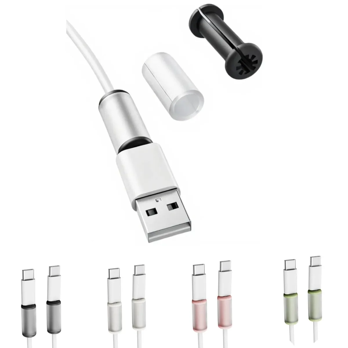 Eight tiny screw-in silicone cable protectors in black, white, pink and green, each under one inch long