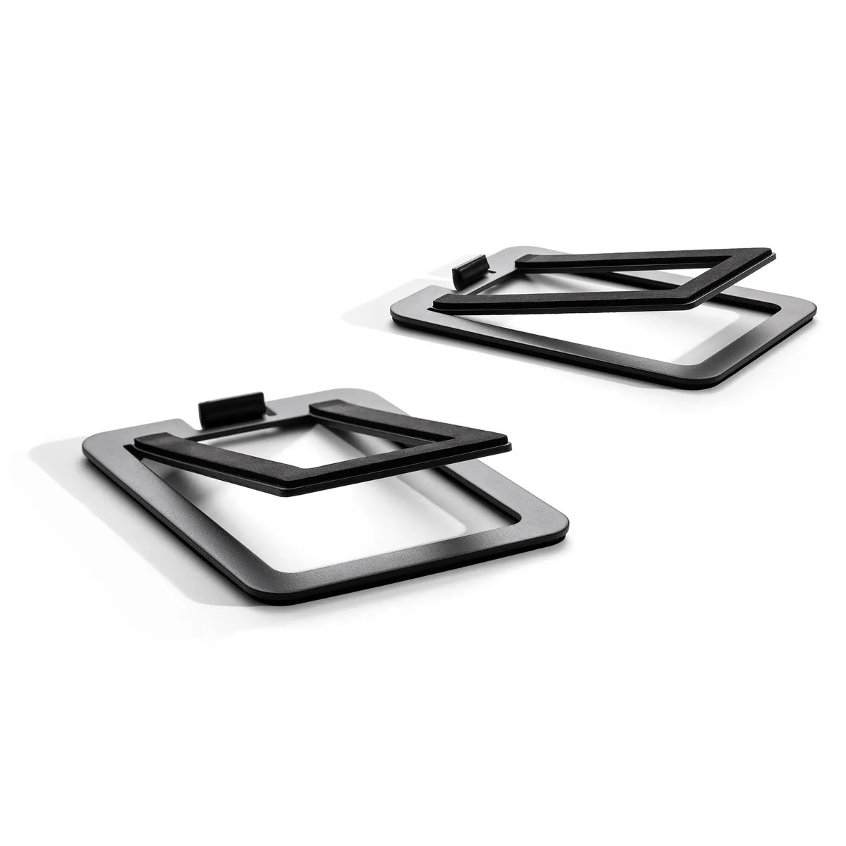 Pair of black alloy steel desktop speaker stands, 15 degree tilt, 19.9 cm high
