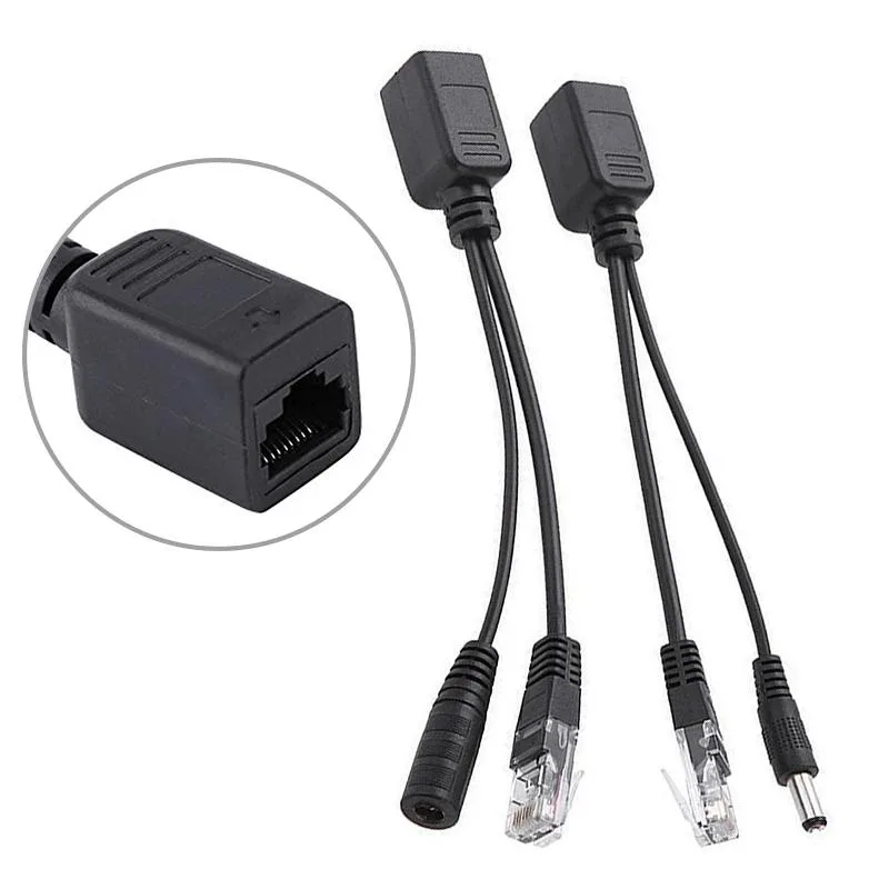 Two black passive PoE cables, injector and splitter, RJ45 ends, 192mm long