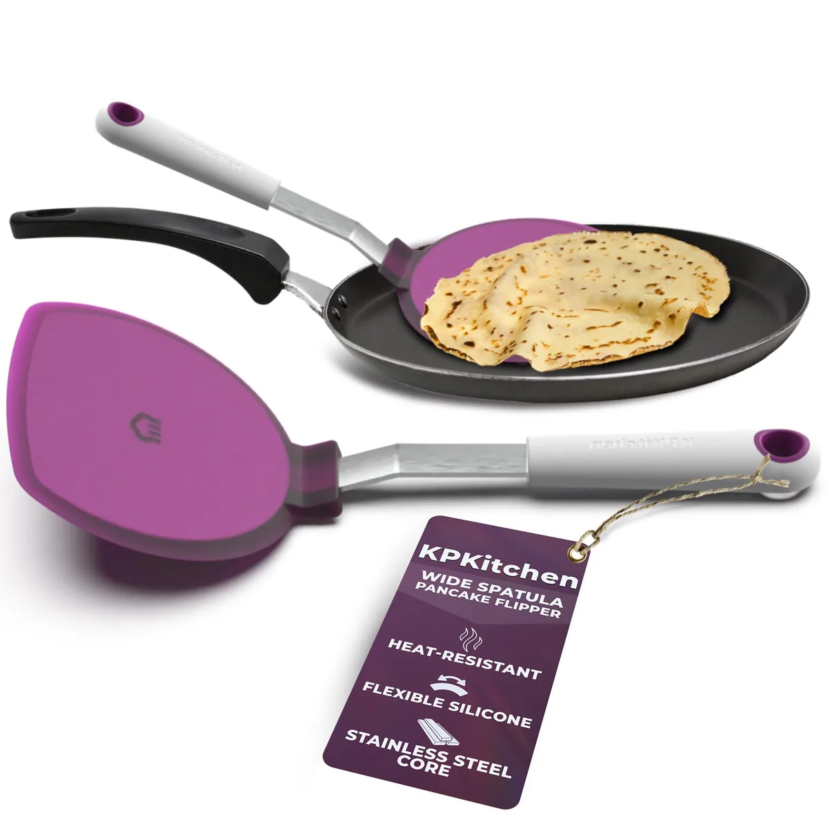 Purple silicone pancake flipper with 5.5 inch wide head and stainless steel core