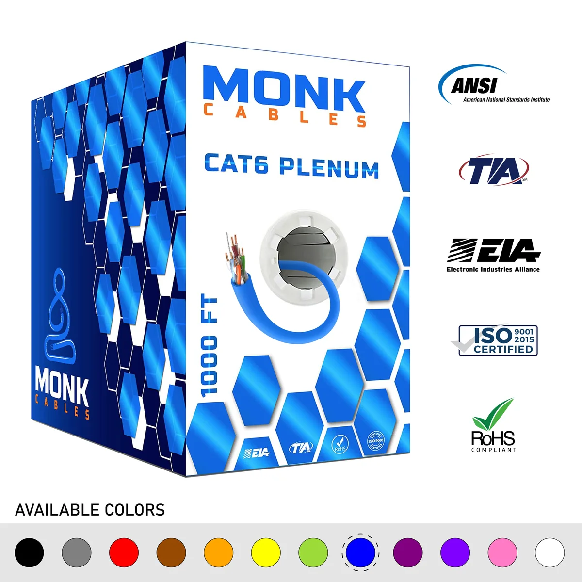 Monk Cables Monk Cables MC-C6-CCA-BL network ethernet cable 1000ft 23AWG 550MHz CMP plenum blue — product photo