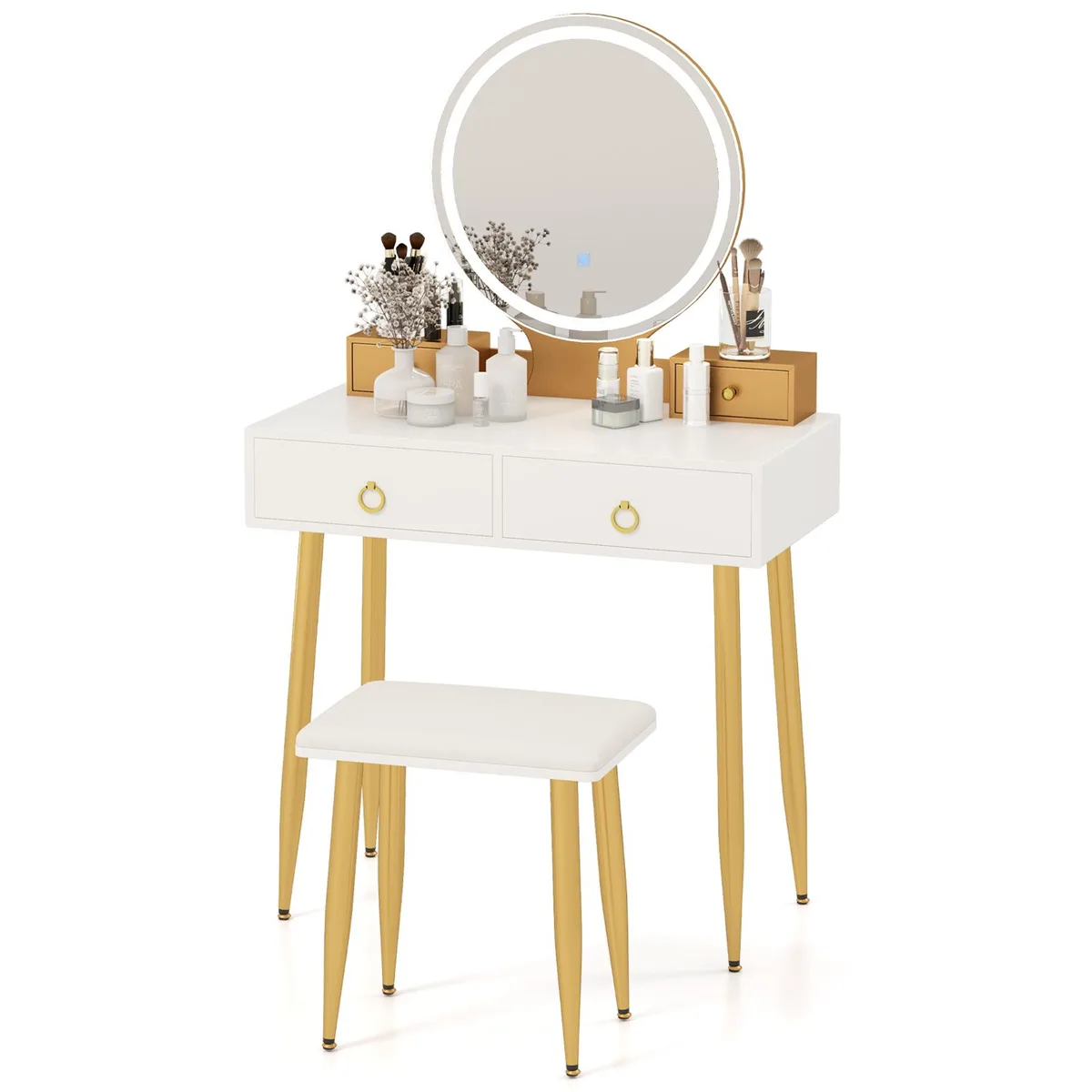 White vanity table with mirror, four drawers, matching stool, 31.5 by 16 by 52.5 inches