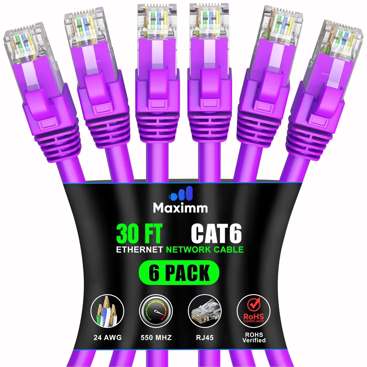 Six purple Ethernet cables coiled together, each with gold RJ45 connectors and snagless boots