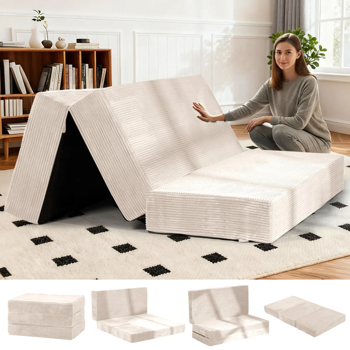 Beige corduroy tri-fold foam mattress folded with carry handles visible