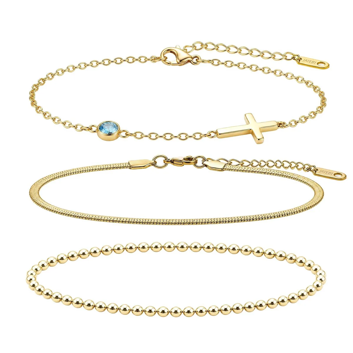  3PCS Initial Birthstone Cross Herringbone Beaded Bracelets Gold — product photo
