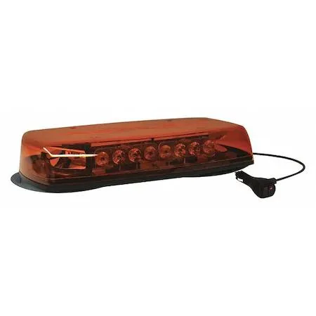 Amber LED mini lightbar rectangular 15 inches long 2.5 inches high 9 inches deep flashing pattern 8 heads plug connection IP69K rated
