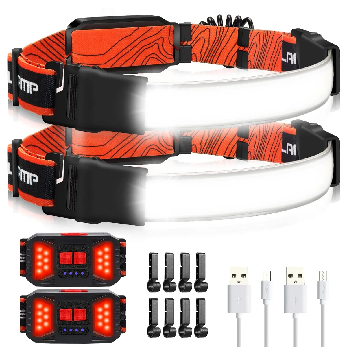 Two orange headlamps with wide lenses and adjustable elastic straps