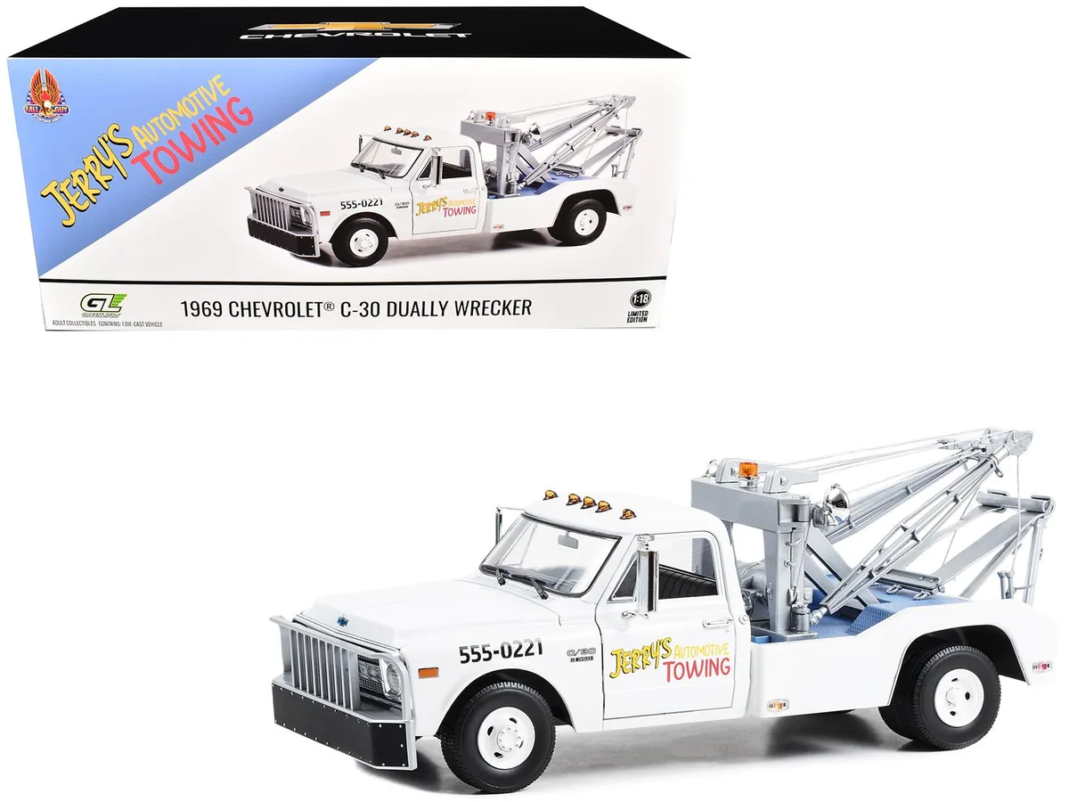 GREENLIGHT GREENLIGHT 1969 Chevrolet C-30 Dually Wrecker "Jerrys Towing" White "The Fall Guy" 1/18 Diecast Truck — product photo