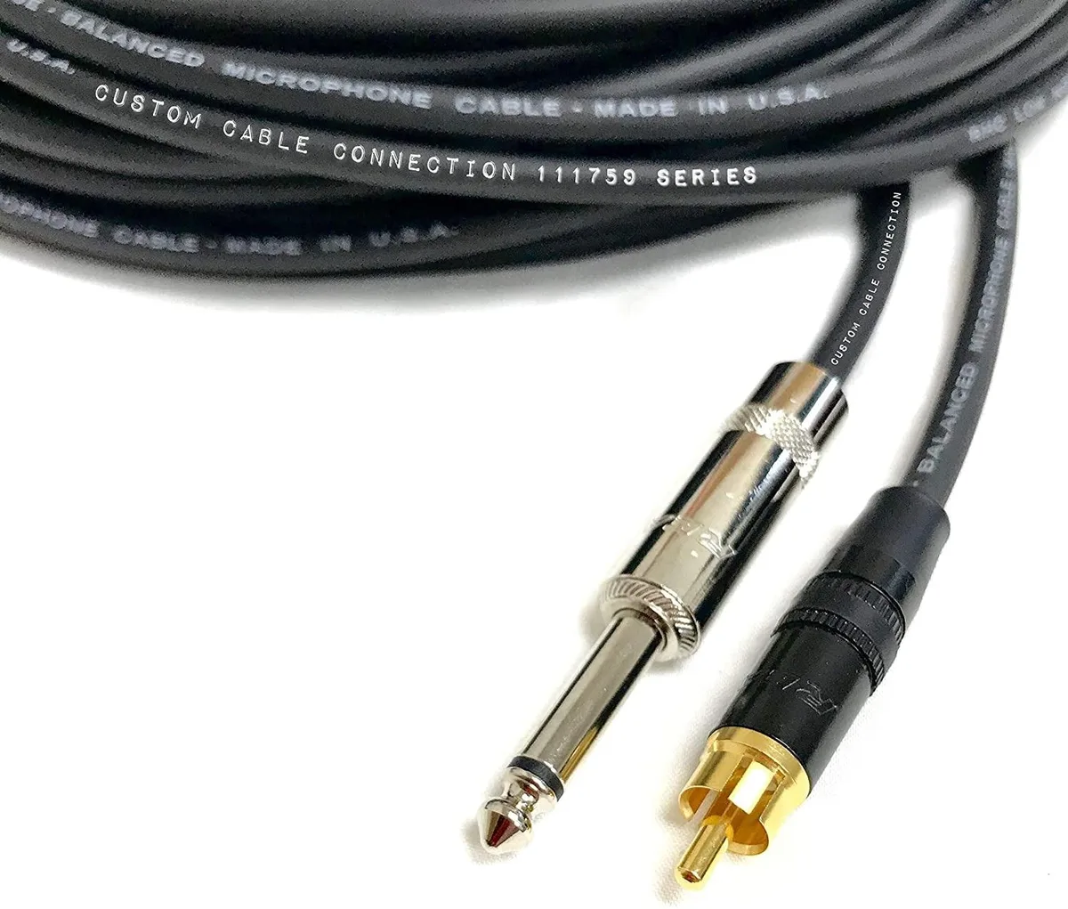 Black 150 foot audio cable with 1/4 inch TS and RCA male connectors