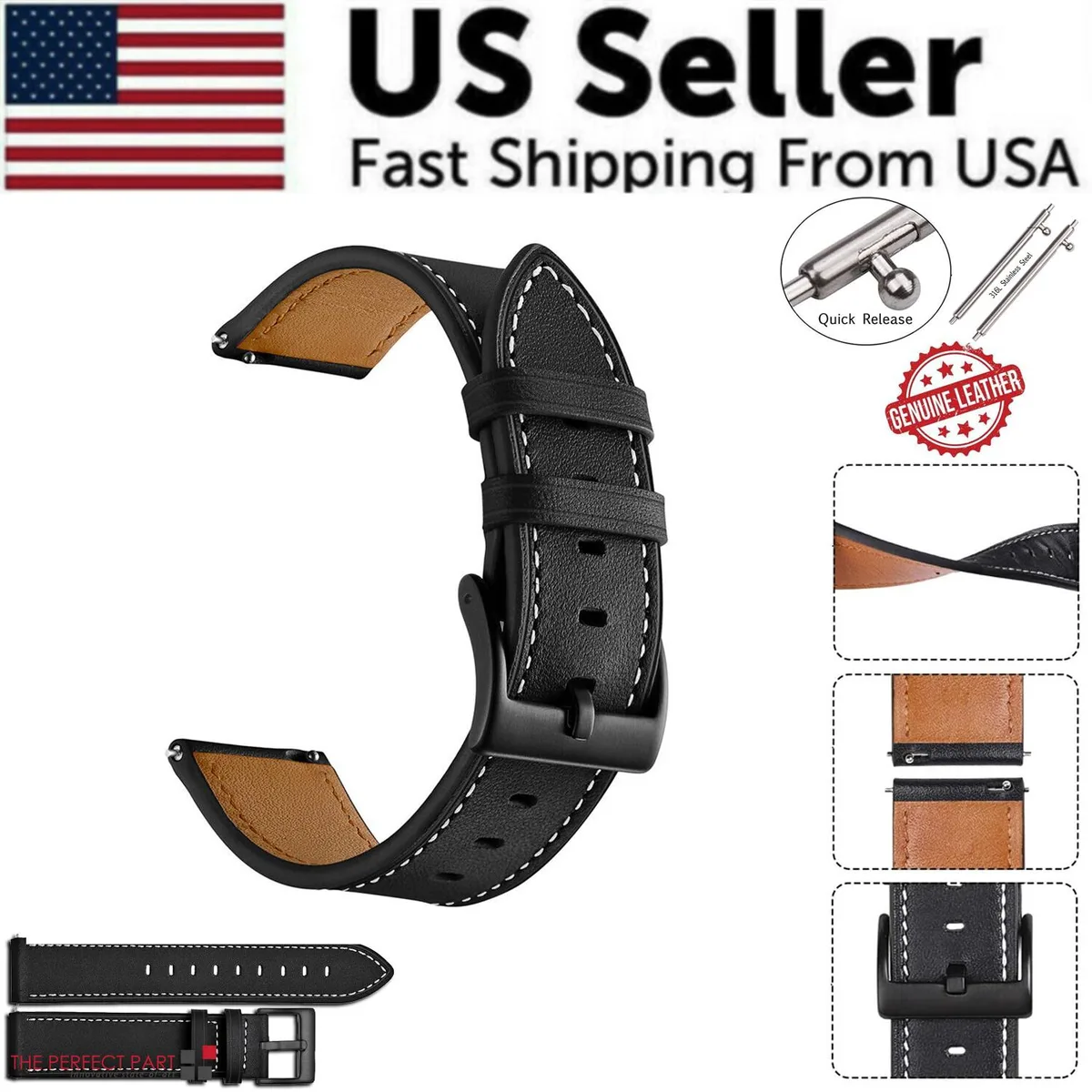 The Perfect Part The Perfect Part 18mm 20mm 22mm Genuine Leather Watch Band Black — product photo