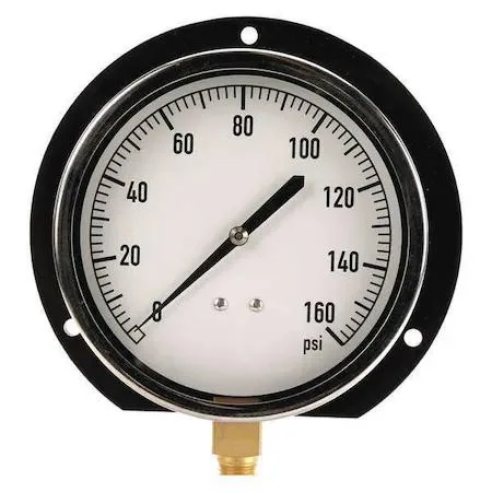 Black nylon pressure gauge with 4-1/2 inch dial and bottom connection