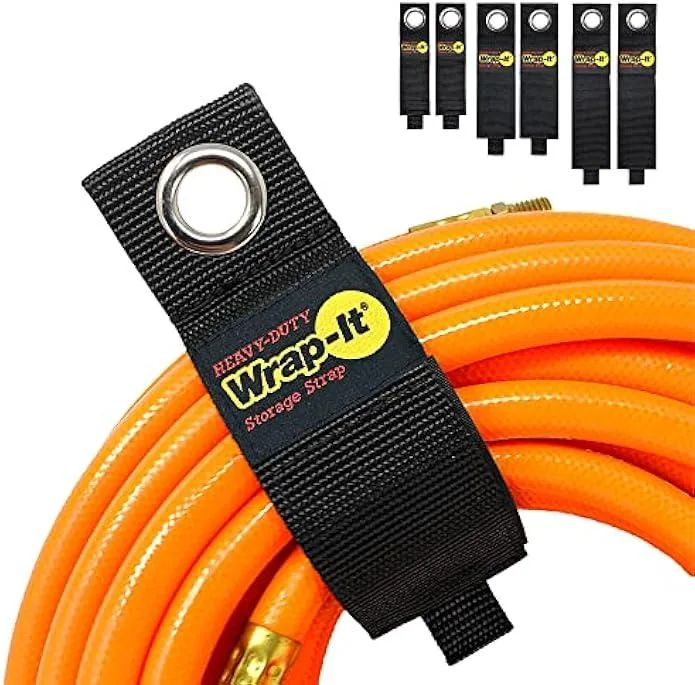 Six black hook-and-loop storage straps with metal grommets